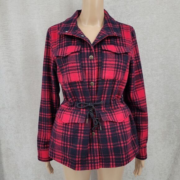 Levi's Red Black Plaid Wool Blend Cinch Waist Jacket Coat Women's XS Cabincore - Picture 1 of 11